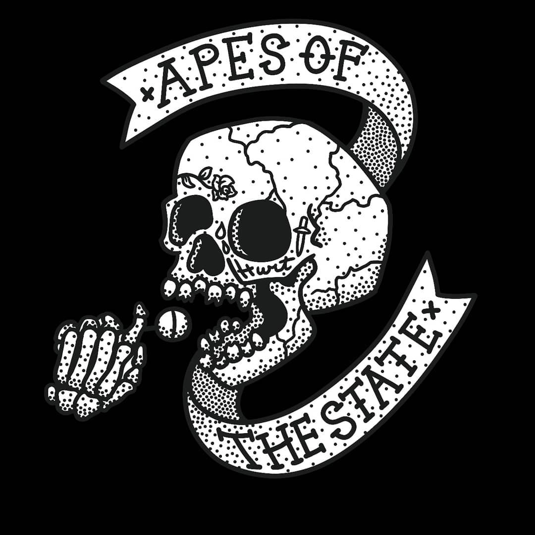 A black and white drawing of a skull wrapped in a banner and eating a lollipop. 'Apes of the State' is written on the banner.