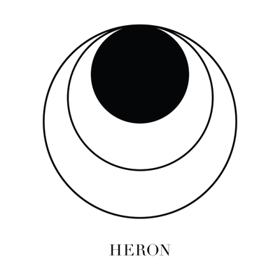 A white background with three black circles of shrinking size anchored at the top of the largest circle. The outer two circles have no filling while the innermost circle is solid black. Underneath is writtedn 'HERON.'